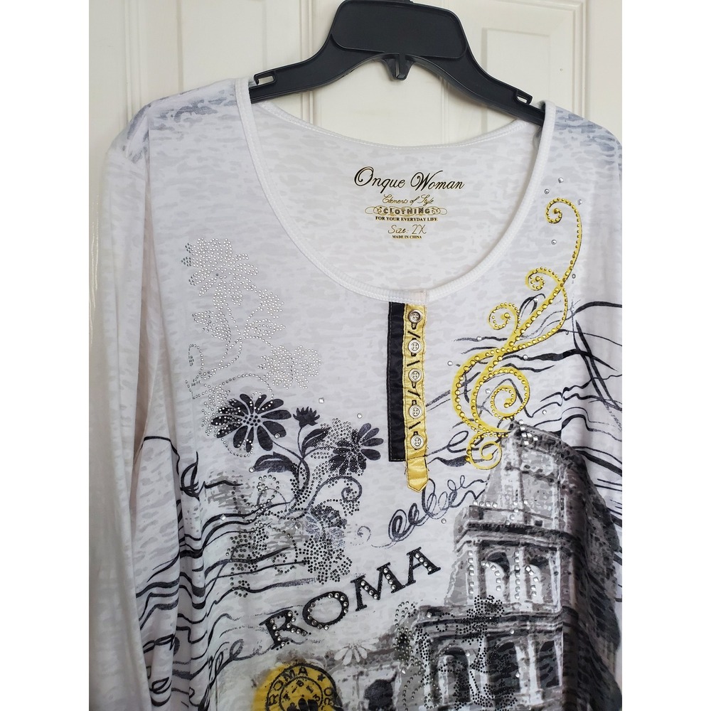 Onque Woman Roma Italy Graphic Top White Rhinestone Embellished 3/4 Sleeve 2X